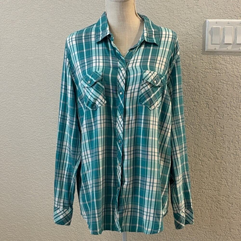 Bit & Bridle Teal White Plaid Pearl Snap Long Sleeve Shirt Sz XL Rodeo Western